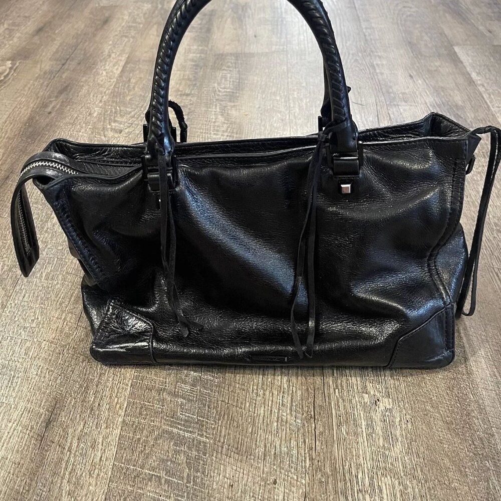 Black REBECCA MINKOFF Purse Glazed Crinkled Leather Satchel Bag